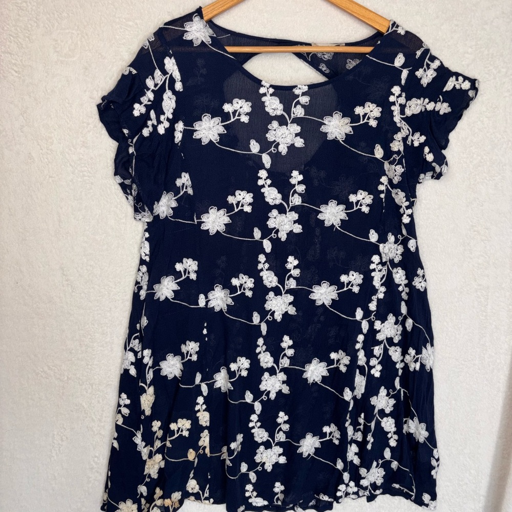 Altar’d State Floral Embroidered Navy Mini Dress Preppy Size Medium